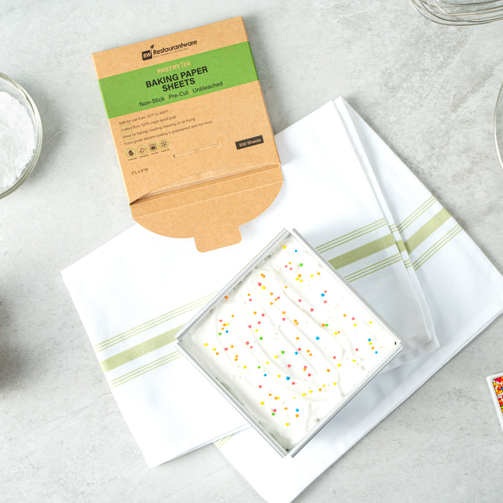 Pastry Tek Unbleached Parchment Paper Baking Sheet - Precut, Silicone Coated, Compostable - 5" x 5" - 1000 count box