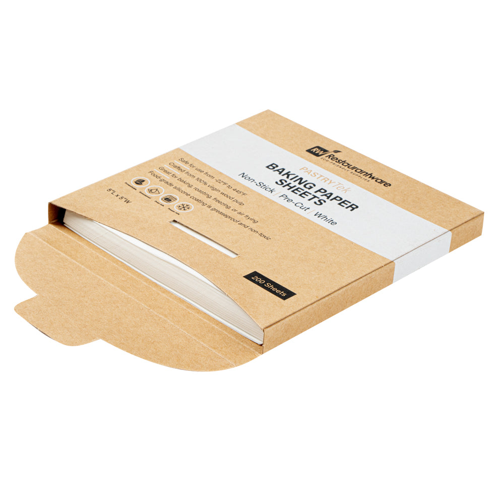 Pastry Tek White Parchment Paper Baking Sheet - Precut, Silicone Coated, Compostable - 5" x 5" - 200 count box