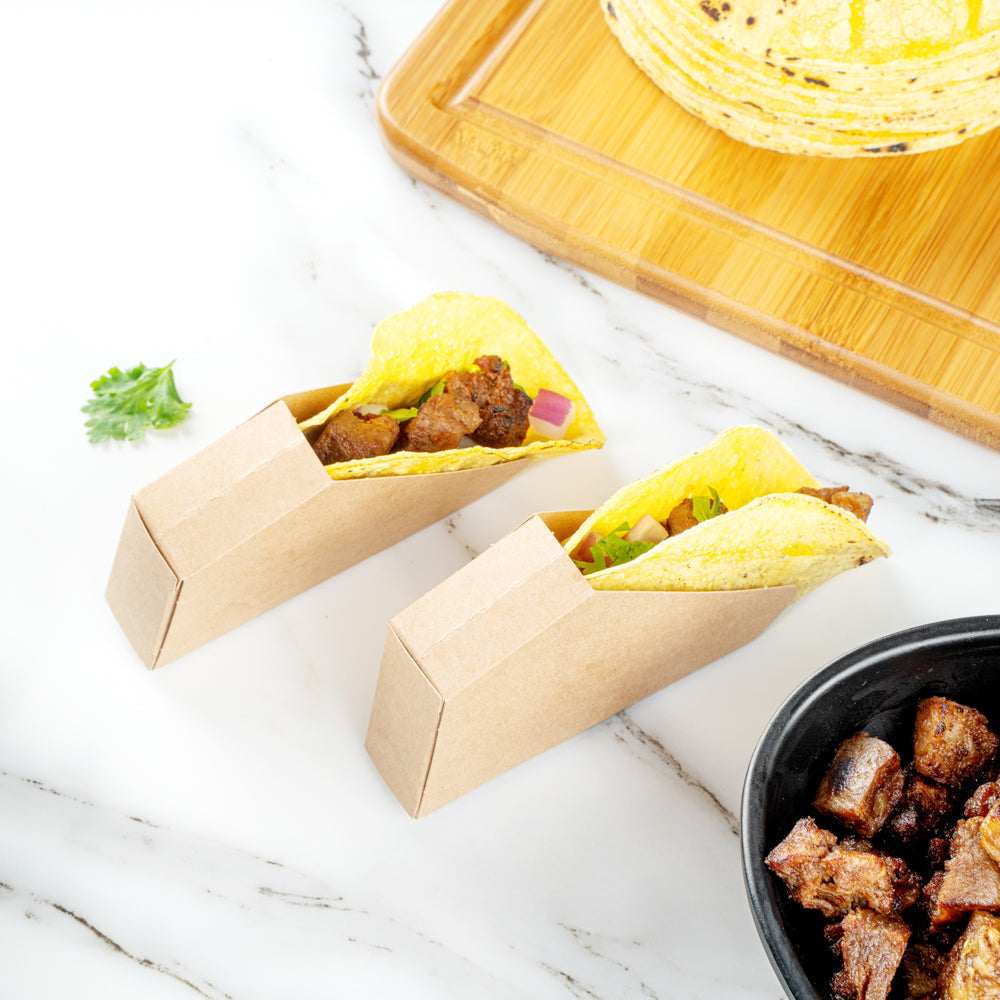 Bio Tek Kraft Paper Small Taco Holder - Greaseproof - 4" x 1 1/4" x 2 1/4" - 200 count box