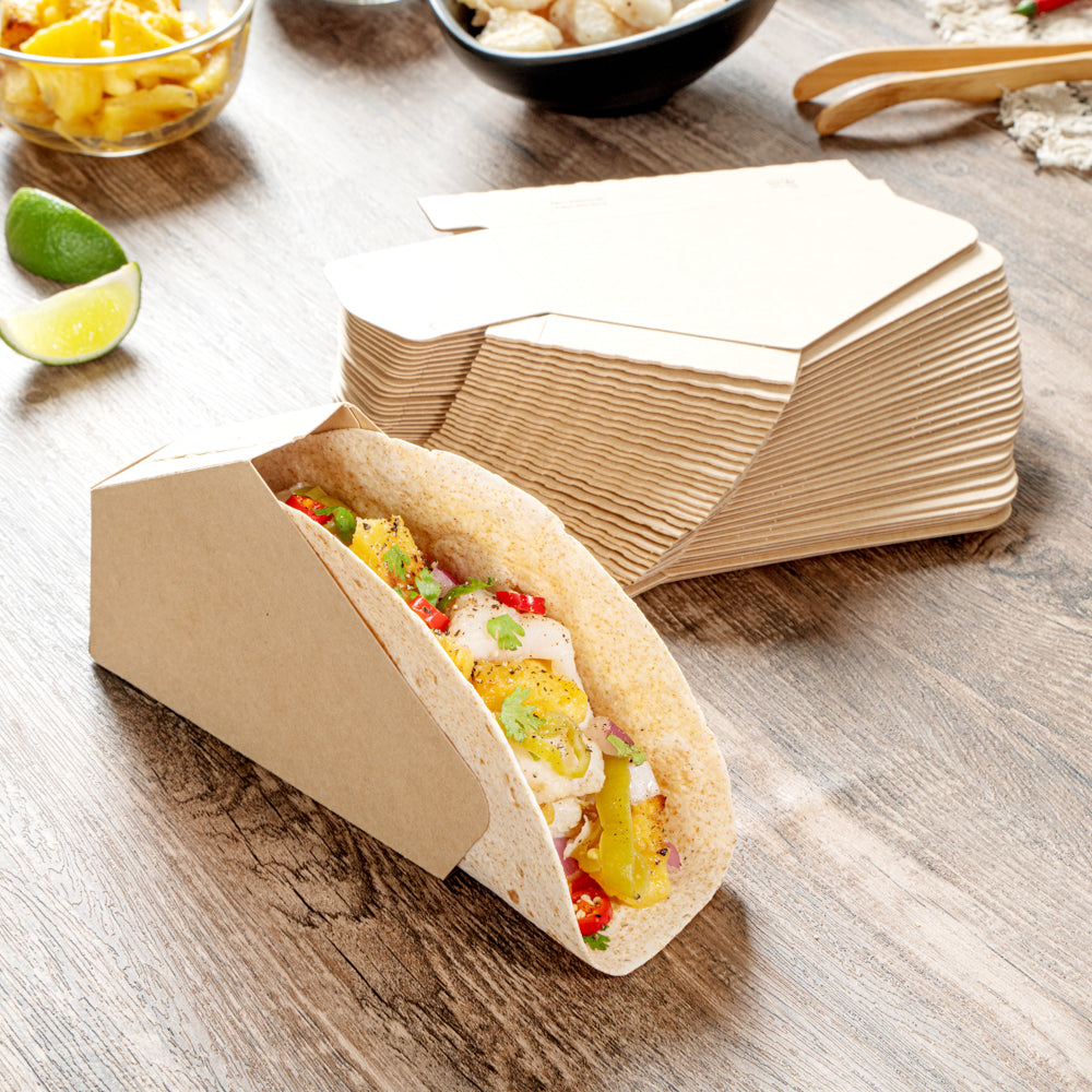 Bio Tek Kraft Paper Large Taco Holder - Greaseproof - 6 1/4" x 2" x 3 3/4" - 200 count box