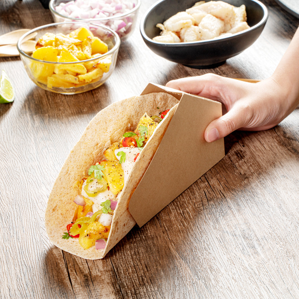 Bio Tek Kraft Paper Large Taco Holder - Greaseproof - 6 1/4" x 2" x 3 3/4" - 200 count box