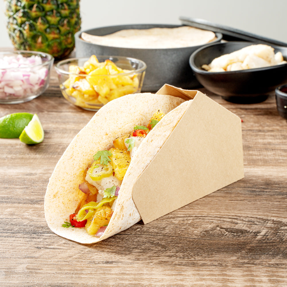 Bio Tek Kraft Paper Large Taco Holder - Greaseproof - 6 1/4" x 2" x 3 3/4" - 200 count box