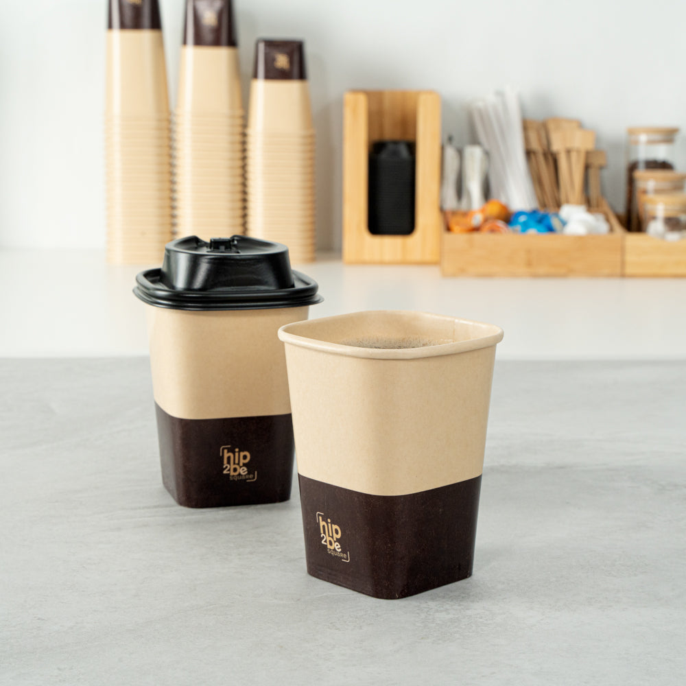 Hip 2 Be Square 12 oz Kraft and Brown Paper Hot / Cold Drinking Cup - Single Wall - 3 1/4" x 3 1/4" x 4 1/4" - 25 count box