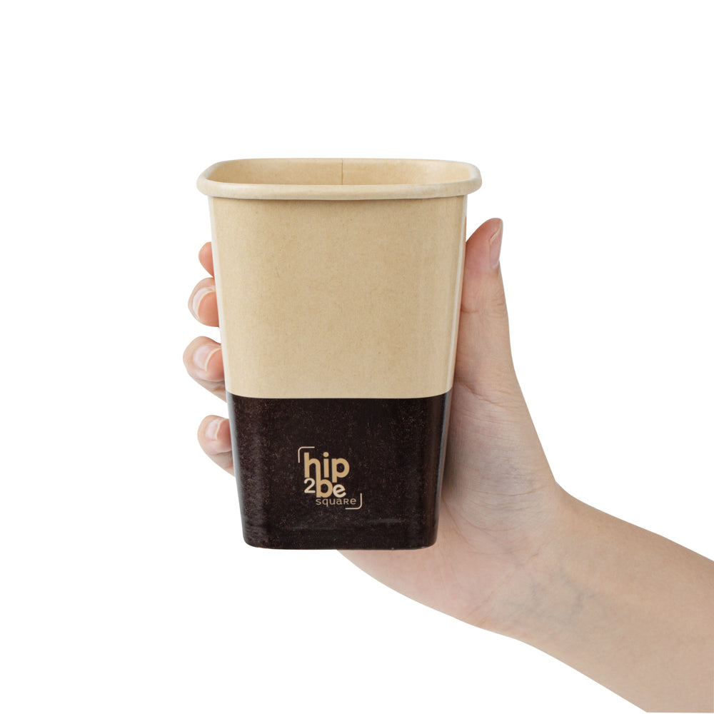Hip 2 Be Square 12 oz Kraft and Brown Paper Hot / Cold Drinking Cup - Single Wall - 3 1/4" x 3 1/4" x 4 1/4" - 500 count box