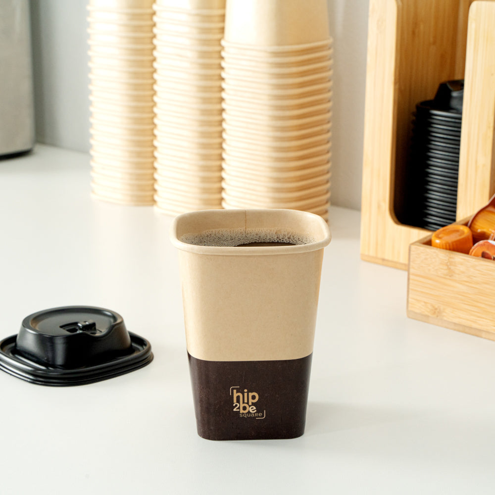 Hip 2 Be Square 12 oz Kraft and Brown Paper Hot / Cold Drinking Cup - Single Wall - 3 1/4" x 3 1/4" x 4 1/4" - 500 count box