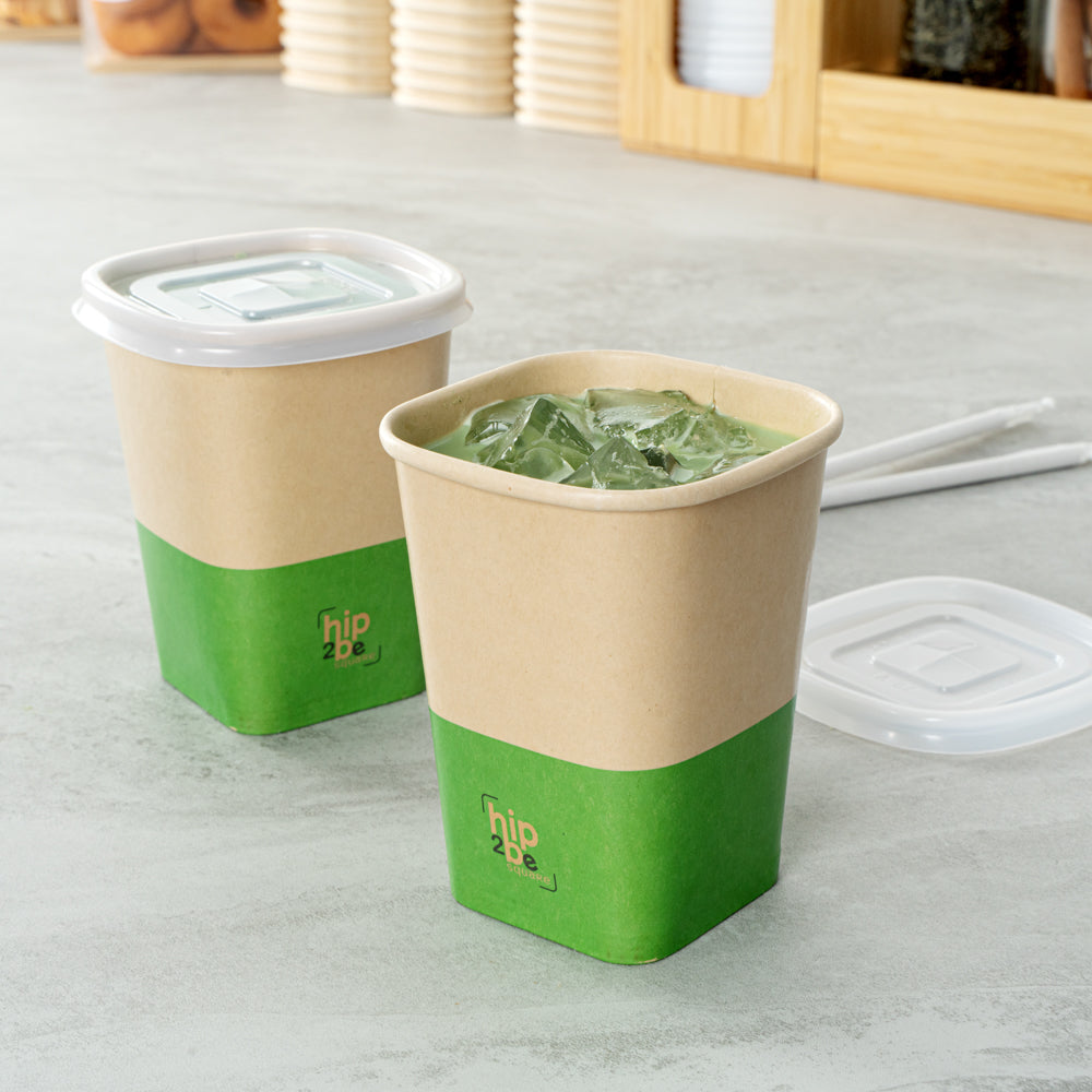 Hip 2 Be Square 12 oz Kraft and Green Paper Hot / Cold Drinking Cup - Single Wall - 3 1/4" x 3 1/4" x 4 1/4" - 25 count box