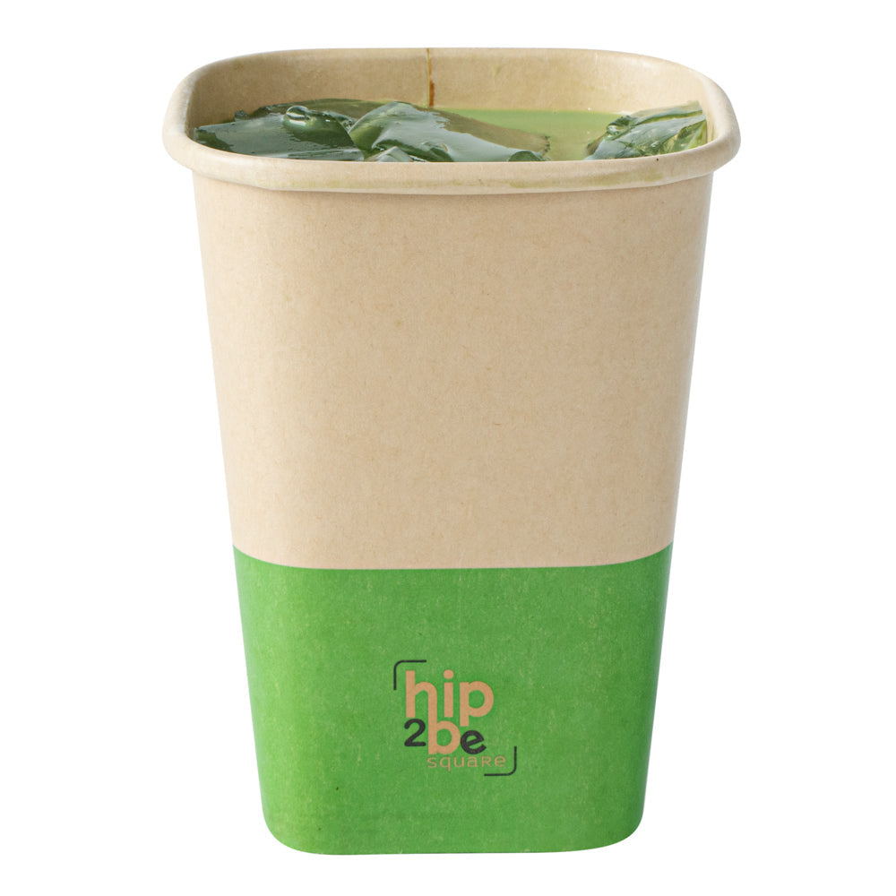 Hip 2 Be Square 12 oz Kraft and Green Paper Hot / Cold Drinking Cup - Single Wall - 3 1/4" x 3 1/4" x 4 1/4" - 25 count box