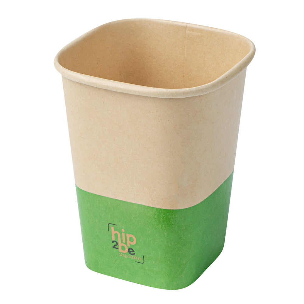 Hip 2 Be Square 12 oz Kraft and Green Paper Hot / Cold Drinking Cup - Single Wall - 3 1/4" x 3 1/4" x 4 1/4" - 25 count box