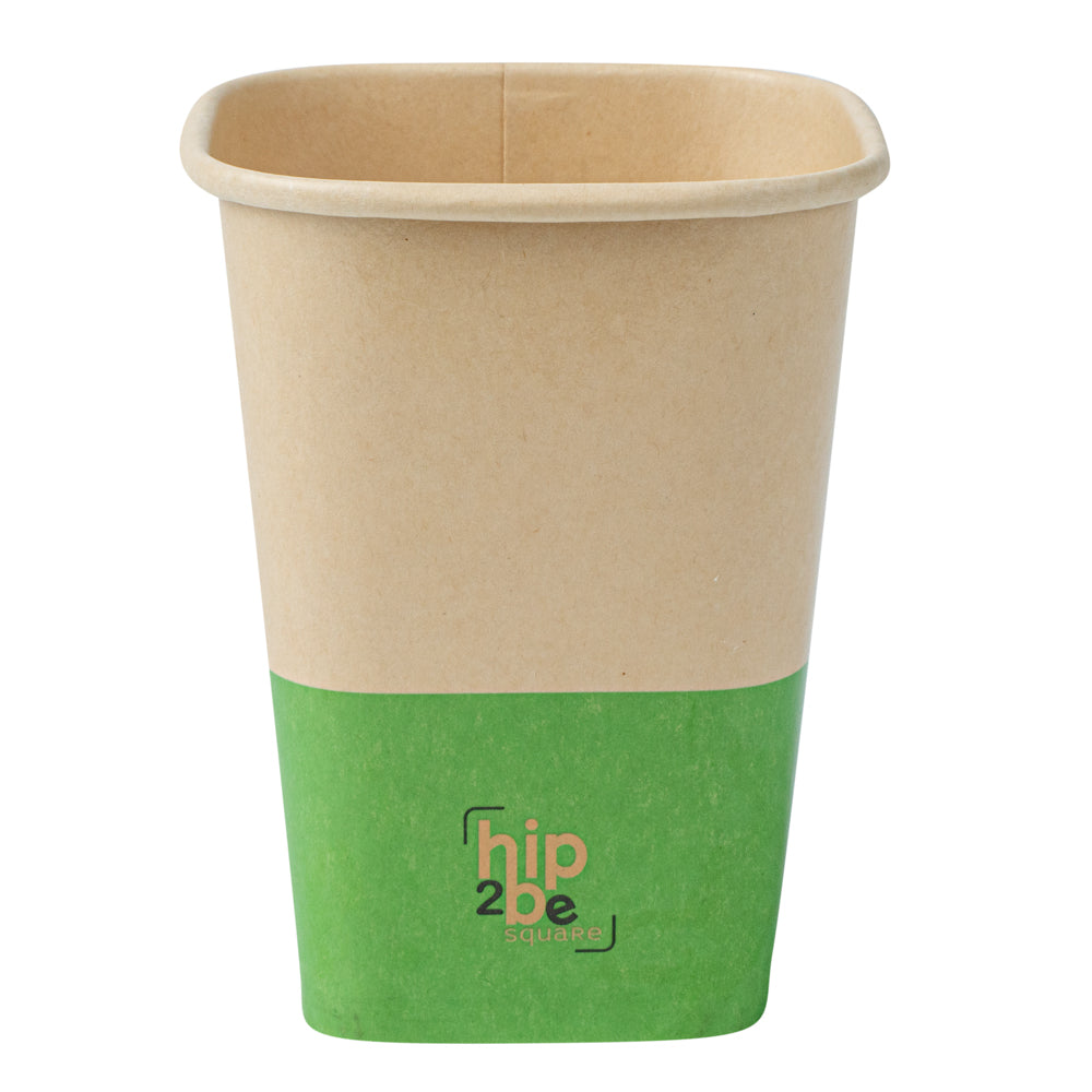 Hip 2 Be Square 12 oz Kraft and Green Paper Hot / Cold Drinking Cup - Single Wall - 3 1/4" x 3 1/4" x 4 1/4" - 25 count box