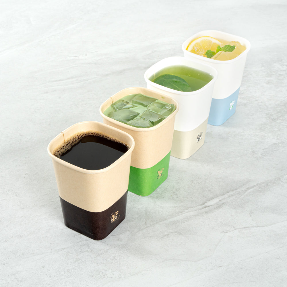 Hip 2 Be Square 12 oz Kraft and Green Paper Hot / Cold Drinking Cup - Single Wall - 3 1/4" x 3 1/4" x 4 1/4" - 25 count box