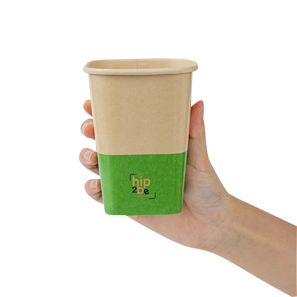 Hip 2 Be Square 12 oz Kraft and Green Paper Hot / Cold Drinking Cup - Single Wall - 3 1/4" x 3 1/4" x 4 1/4" - 500 count box