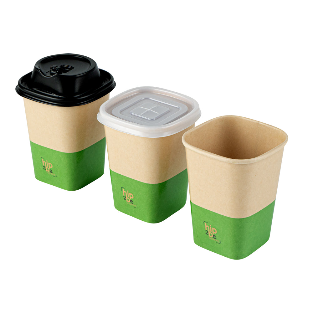 Hip 2 Be Square 12 oz Kraft and Green Paper Hot / Cold Drinking Cup - Single Wall - 3 1/4" x 3 1/4" x 4 1/4" - 500 count box