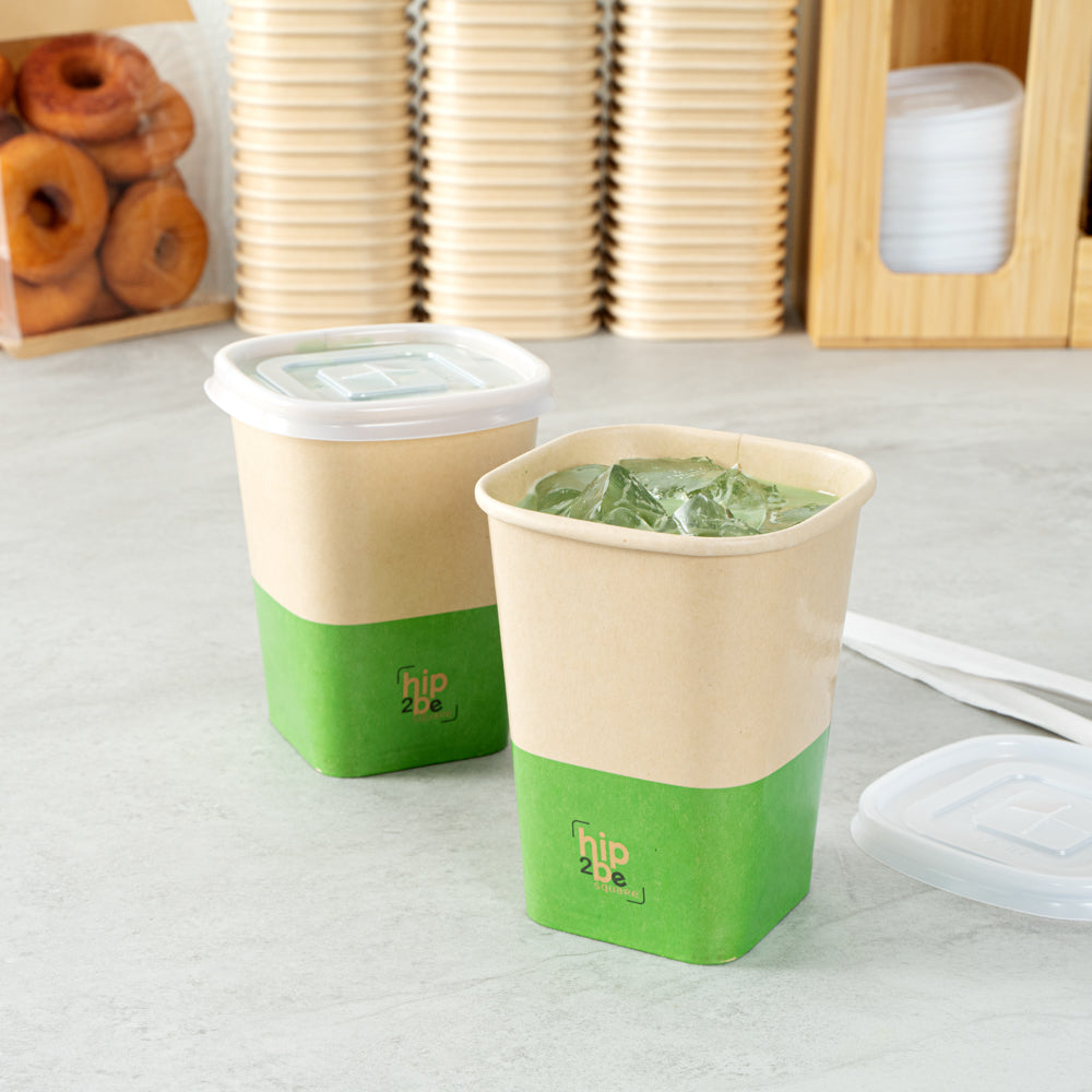 Hip 2 Be Square 12 oz Kraft and Green Paper Hot / Cold Drinking Cup - Single Wall - 3 1/4" x 3 1/4" x 4 1/4" - 500 count box