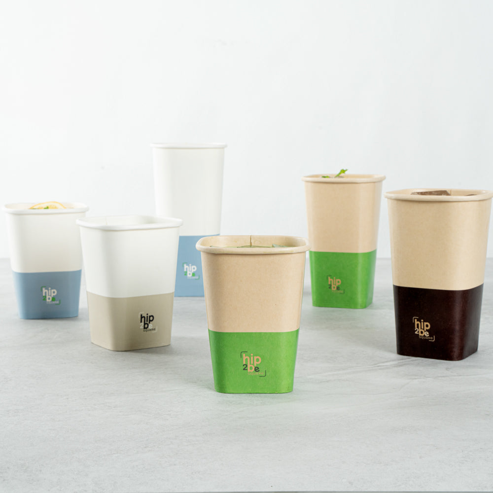 Hip 2 Be Square 12 oz Kraft and Green Paper Hot / Cold Drinking Cup - Single Wall - 3 1/4" x 3 1/4" x 4 1/4" - 500 count box