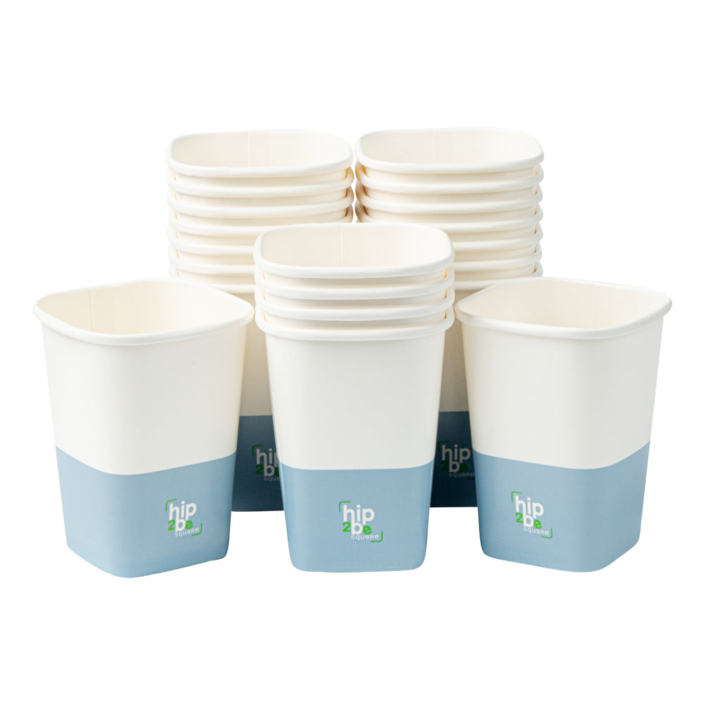 Hip 2 Be Square 12 oz White and Blue Paper Hot / Cold Drinking Cup - Single Wall - 3 1/4" x 3 1/4" x 4 1/4" - 25 count box