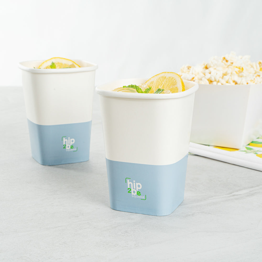 Hip 2 Be Square 12 oz White and Blue Paper Hot / Cold Drinking Cup - Single Wall - 3 1/4" x 3 1/4" x 4 1/4" - 25 count box