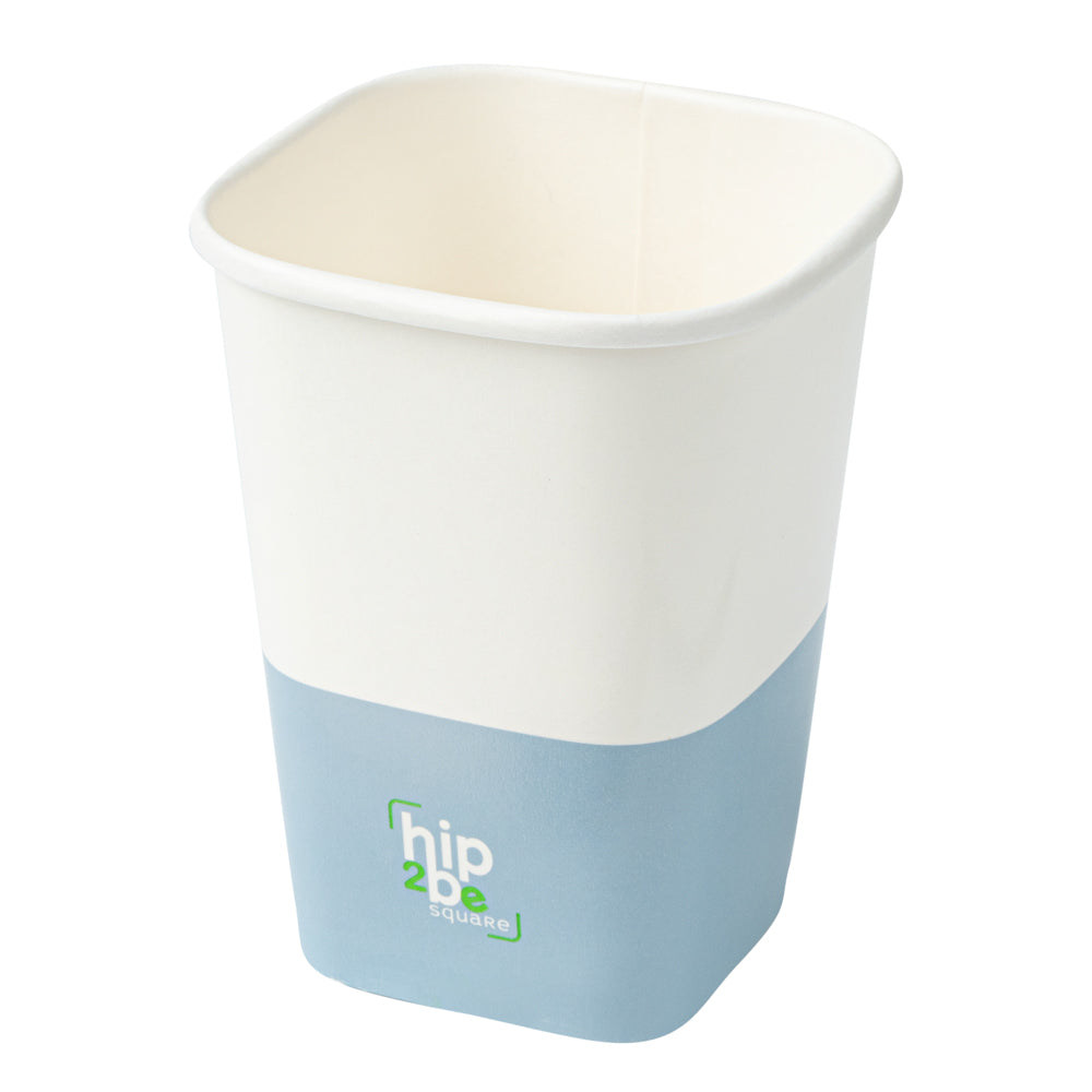 Hip 2 Be Square 12 oz White and Blue Paper Hot / Cold Drinking Cup - Single Wall - 3 1/4" x 3 1/4" x 4 1/4" - 25 count box