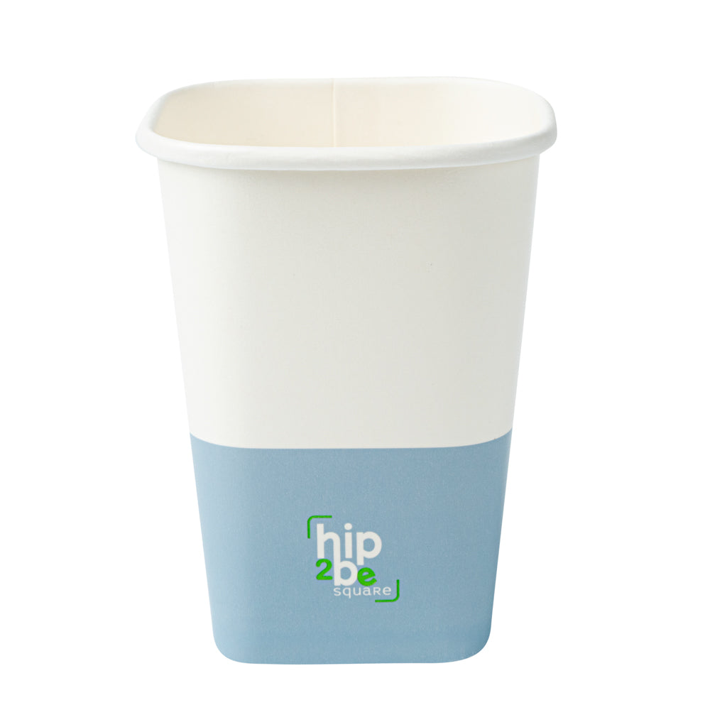 Hip 2 Be Square 12 oz White and Blue Paper Hot / Cold Drinking Cup - Single Wall - 3 1/4" x 3 1/4" x 4 1/4" - 25 count box