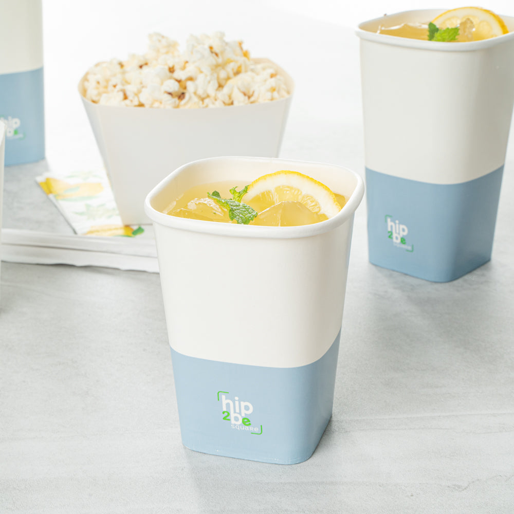 Hip 2 Be Square 12 oz White and Blue Paper Hot / Cold Drinking Cup - Single Wall - 3 1/4" x 3 1/4" x 4 1/4" - 25 count box