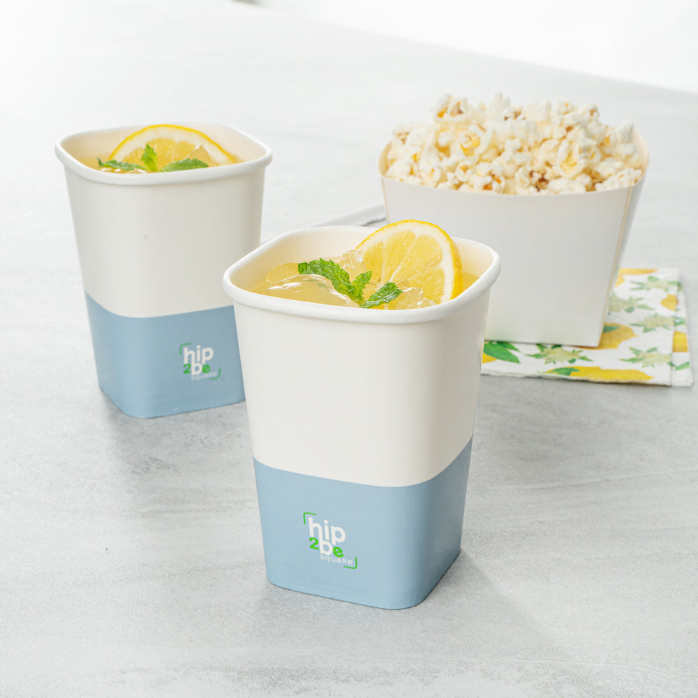 Hip 2 Be Square 12 oz White and Blue Paper Hot / Cold Drinking Cup - Single Wall - 3 1/4" x 3 1/4" x 4 1/4" - 25 count box