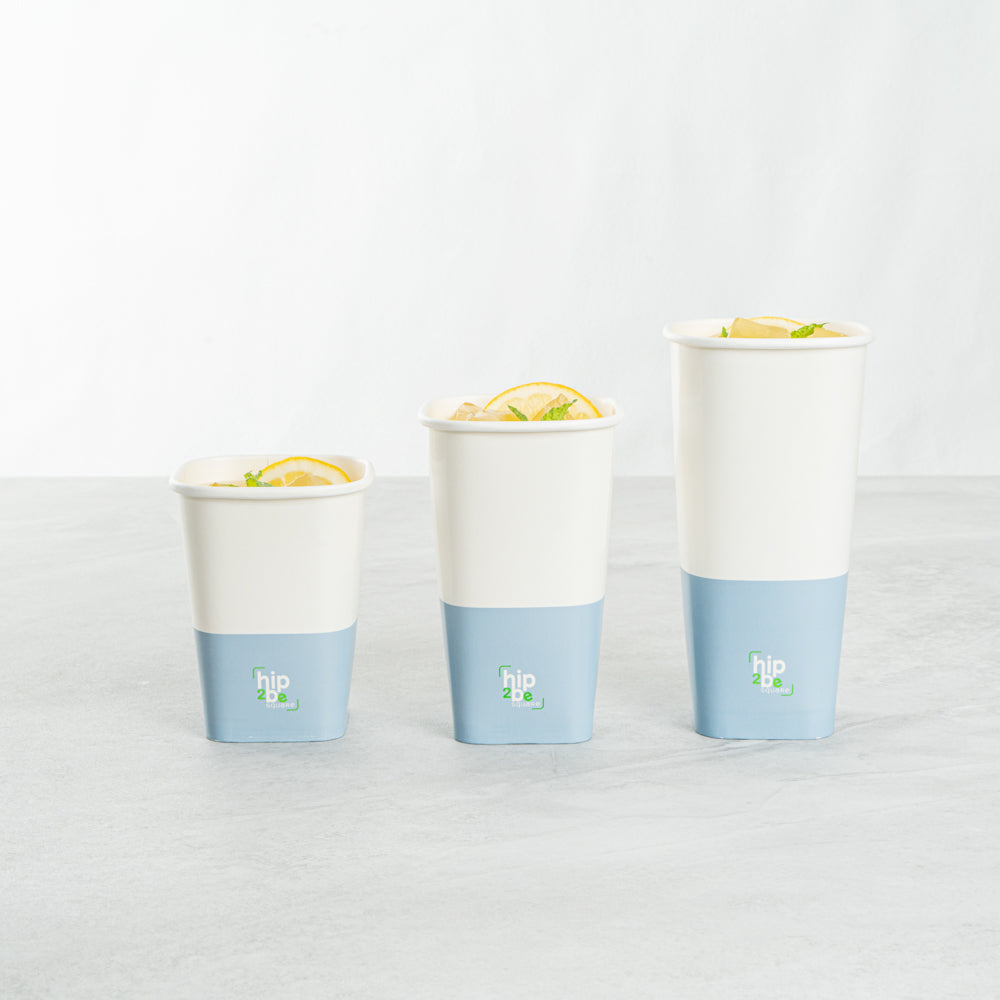 Hip 2 Be Square 12 oz White and Blue Paper Hot / Cold Drinking Cup - Single Wall - 3 1/4" x 3 1/4" x 4 1/4" - 25 count box