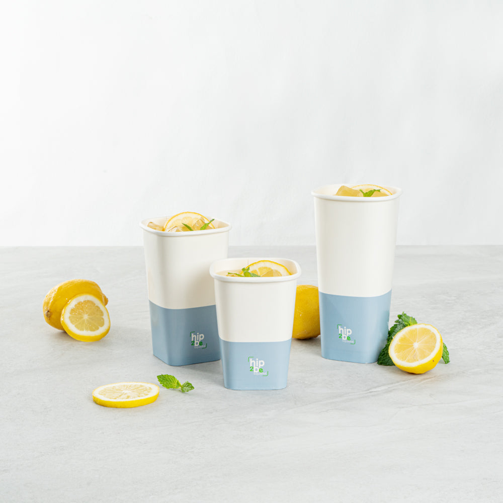 Hip 2 Be Square 12 oz White and Blue Paper Hot / Cold Drinking Cup - Single Wall - 3 1/4" x 3 1/4" x 4 1/4" - 25 count box