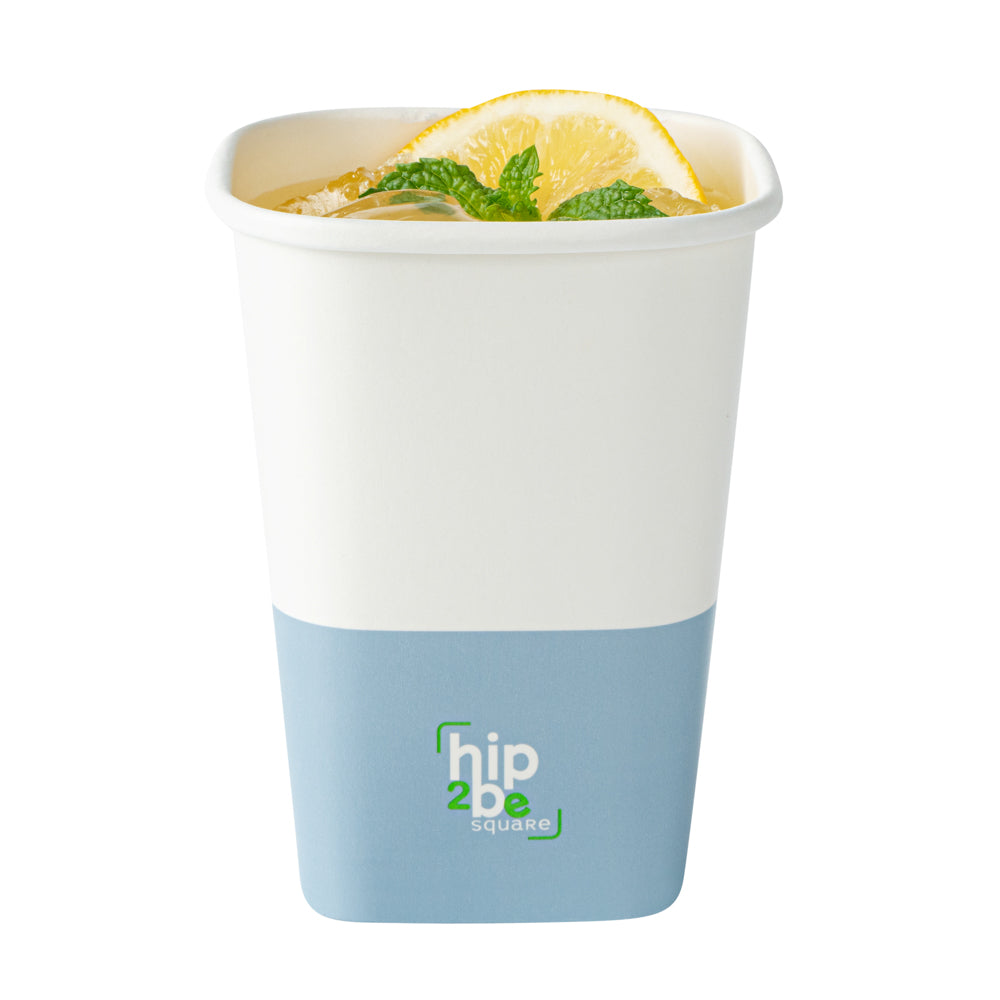 Hip 2 Be Square 12 oz White and Blue Paper Hot / Cold Drinking Cup - Single Wall - 3 1/4" x 3 1/4" x 4 1/4" - 500 count box