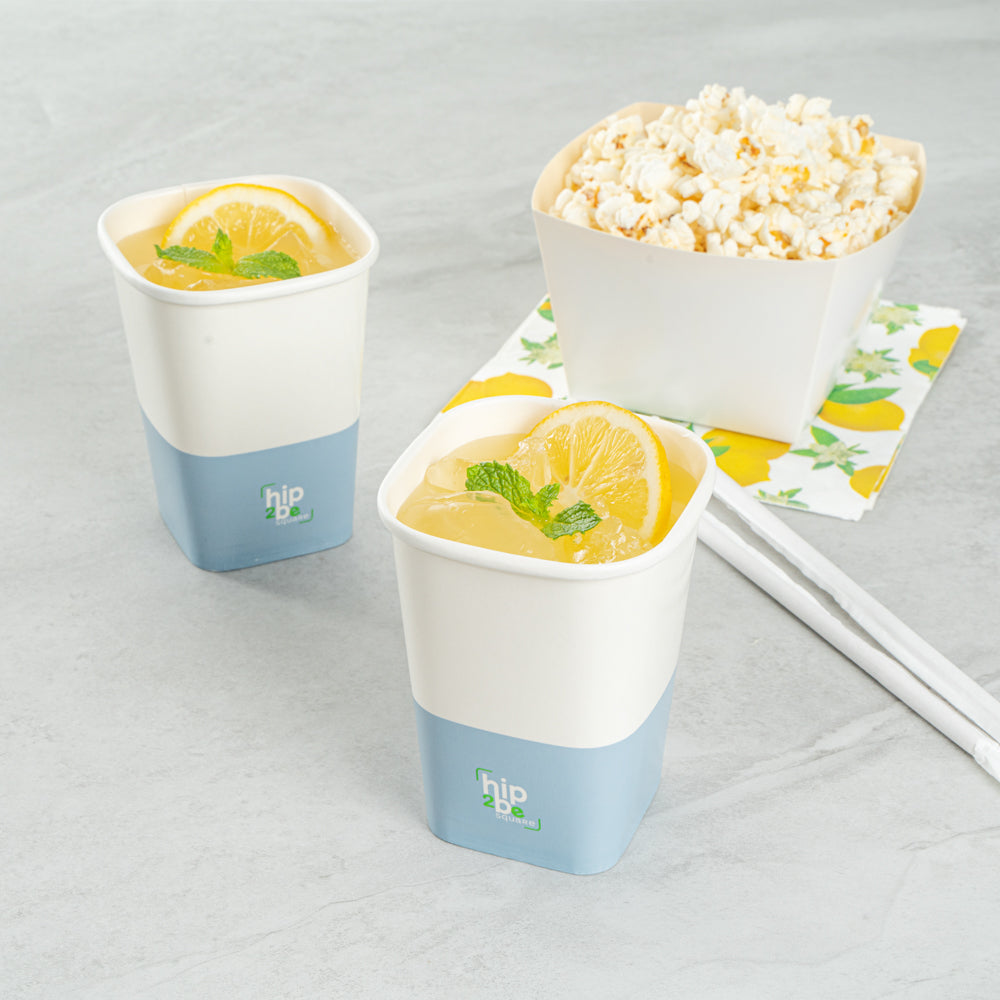 Hip 2 Be Square 12 oz White and Blue Paper Hot / Cold Drinking Cup - Single Wall - 3 1/4" x 3 1/4" x 4 1/4" - 500 count box