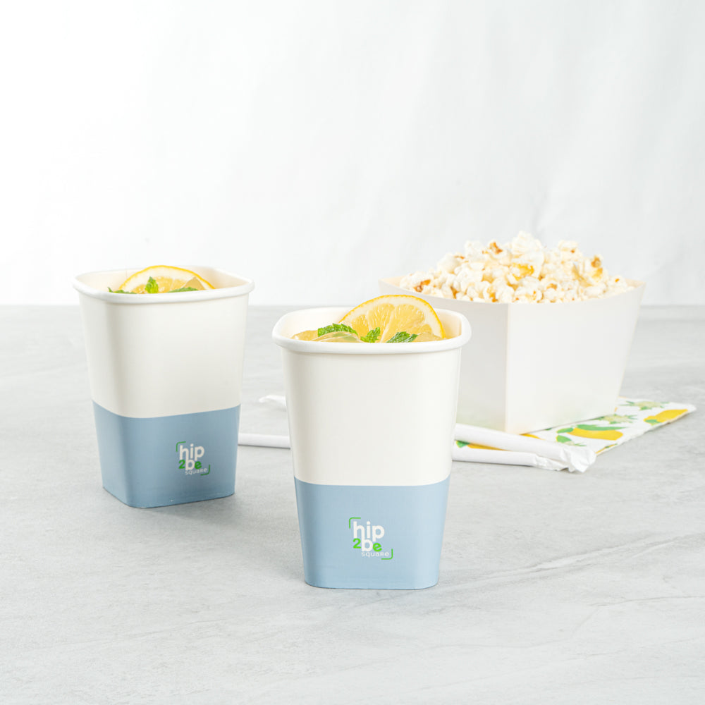 Hip 2 Be Square 12 oz White and Blue Paper Hot / Cold Drinking Cup - Single Wall - 3 1/4" x 3 1/4" x 4 1/4" - 500 count box
