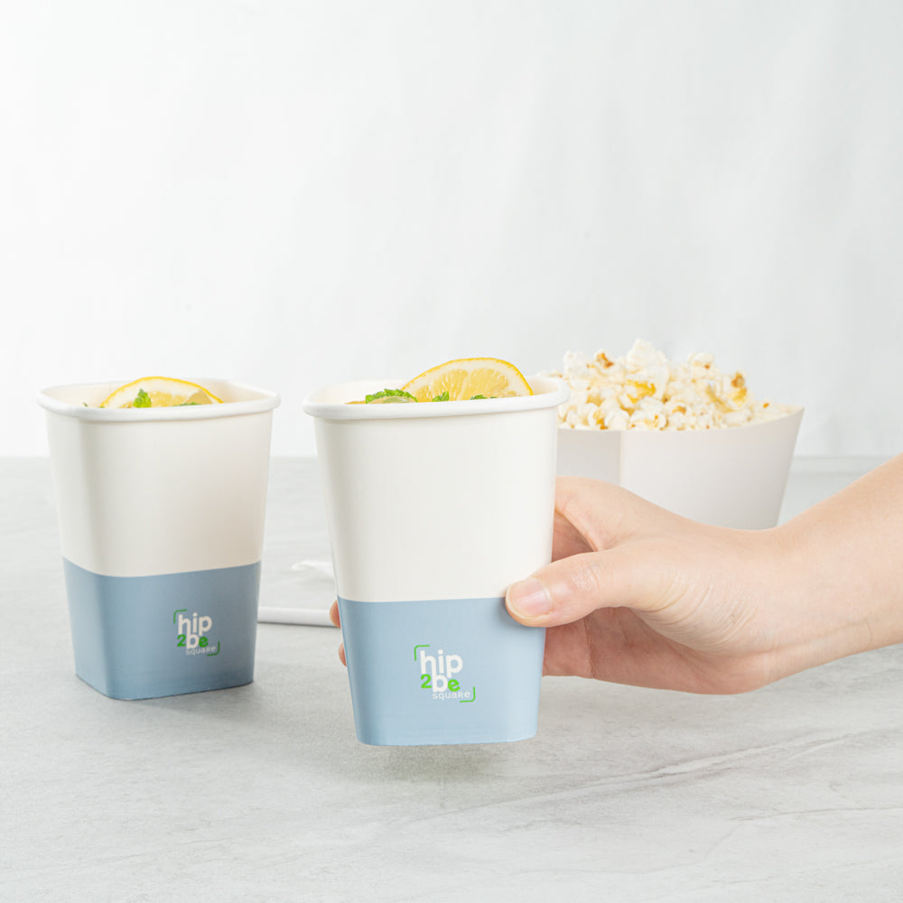 Hip 2 Be Square 12 oz White and Blue Paper Hot / Cold Drinking Cup - Single Wall - 3 1/4" x 3 1/4" x 4 1/4" - 500 count box