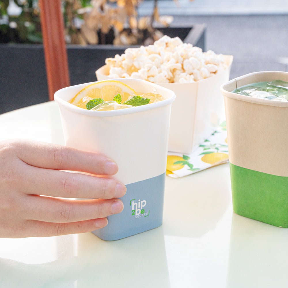 Hip 2 Be Square 12 oz White and Blue Paper Hot / Cold Drinking Cup - Single Wall - 3 1/4" x 3 1/4" x 4 1/4" - 500 count box