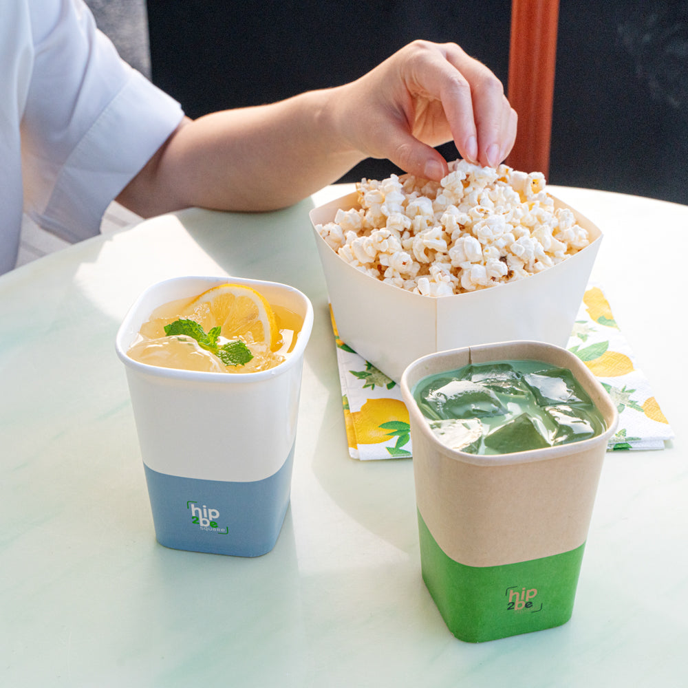 Hip 2 Be Square 12 oz White and Blue Paper Hot / Cold Drinking Cup - Single Wall - 3 1/4" x 3 1/4" x 4 1/4" - 500 count box
