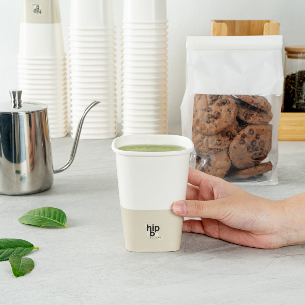 Hip 2 Be Square 12 oz White and Taupe Paper Hot / Cold Drinking Cup - Single Wall - 3 1/4" x 3 1/4" x 4 1/4" - 25 count box