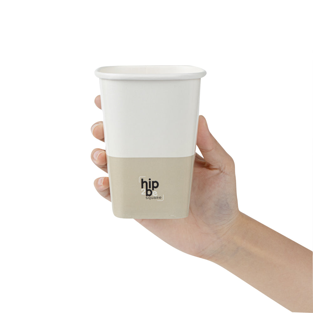 Hip 2 Be Square 12 oz White and Taupe Paper Hot / Cold Drinking Cup - Single Wall - 3 1/4" x 3 1/4" x 4 1/4" - 500 count box