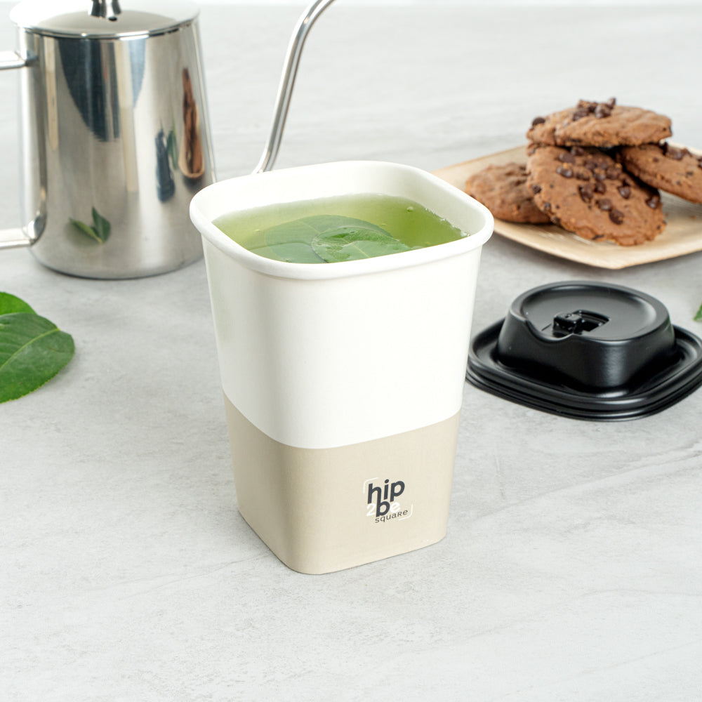 Hip 2 Be Square 12 oz White and Taupe Paper Hot / Cold Drinking Cup - Single Wall - 3 1/4" x 3 1/4" x 4 1/4" - 500 count box