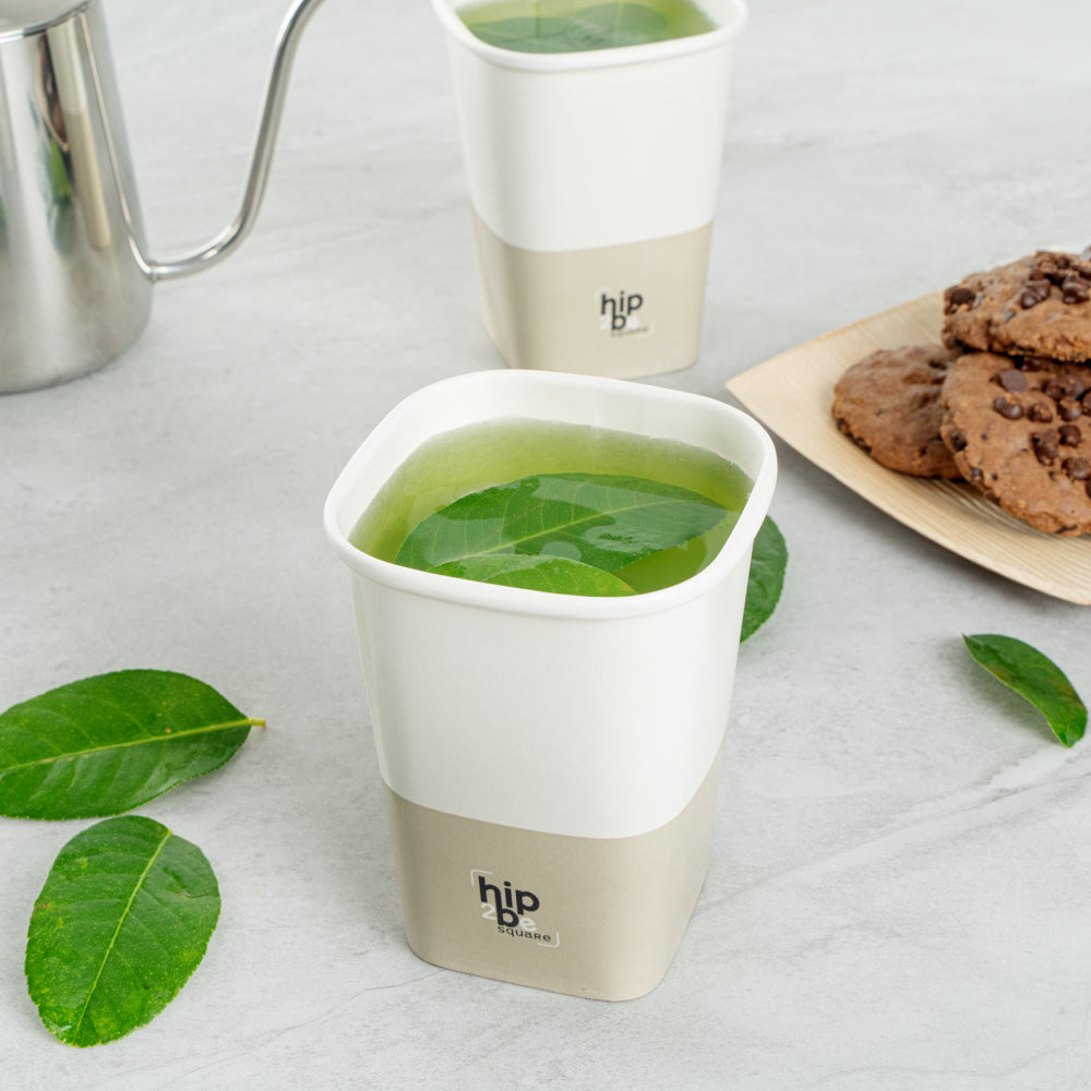 Hip 2 Be Square 12 oz White and Taupe Paper Hot / Cold Drinking Cup - Single Wall - 3 1/4" x 3 1/4" x 4 1/4" - 500 count box