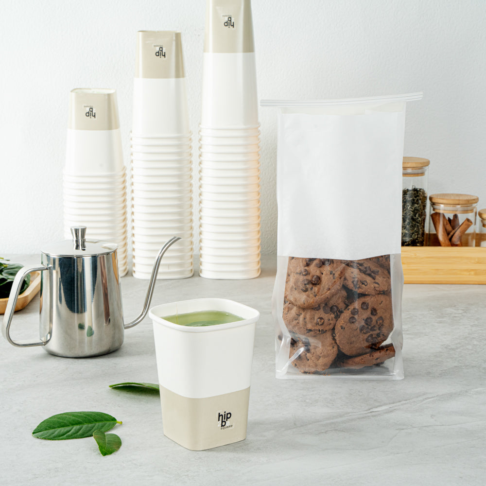 Hip 2 Be Square 12 oz White and Taupe Paper Hot / Cold Drinking Cup - Single Wall - 3 1/4" x 3 1/4" x 4 1/4" - 500 count box