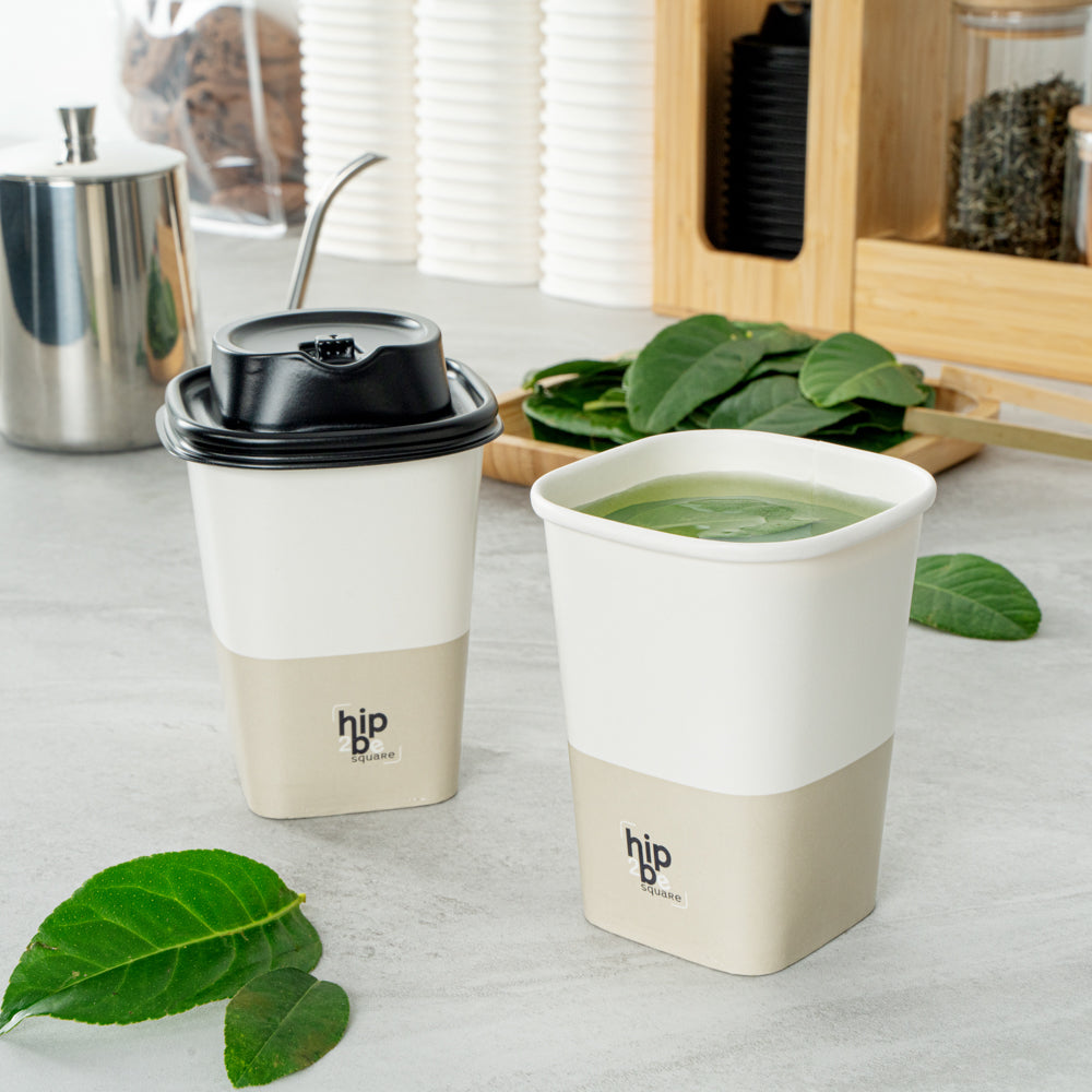 Hip 2 Be Square 12 oz White and Taupe Paper Hot / Cold Drinking Cup - Single Wall - 3 1/4" x 3 1/4" x 4 1/4" - 500 count box