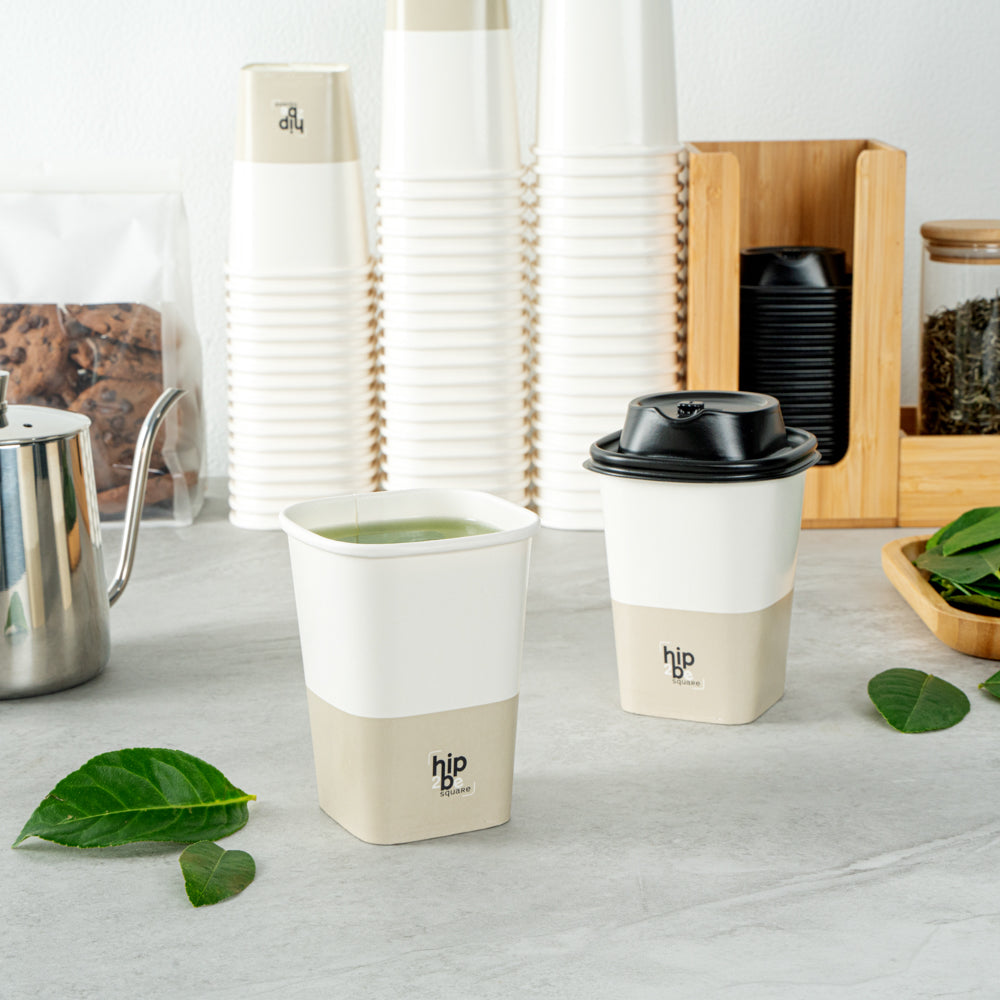 Hip 2 Be Square 12 oz White and Taupe Paper Hot / Cold Drinking Cup - Single Wall - 3 1/4" x 3 1/4" x 4 1/4" - 500 count box