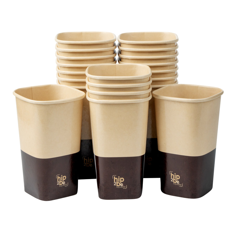 Hip 2 Be Square 16 oz Kraft and Brown Paper Hot / Cold Drinking Cup - Single Wall - 3 1/4" x 3 1/4" x 5 1/2" - 25 count box