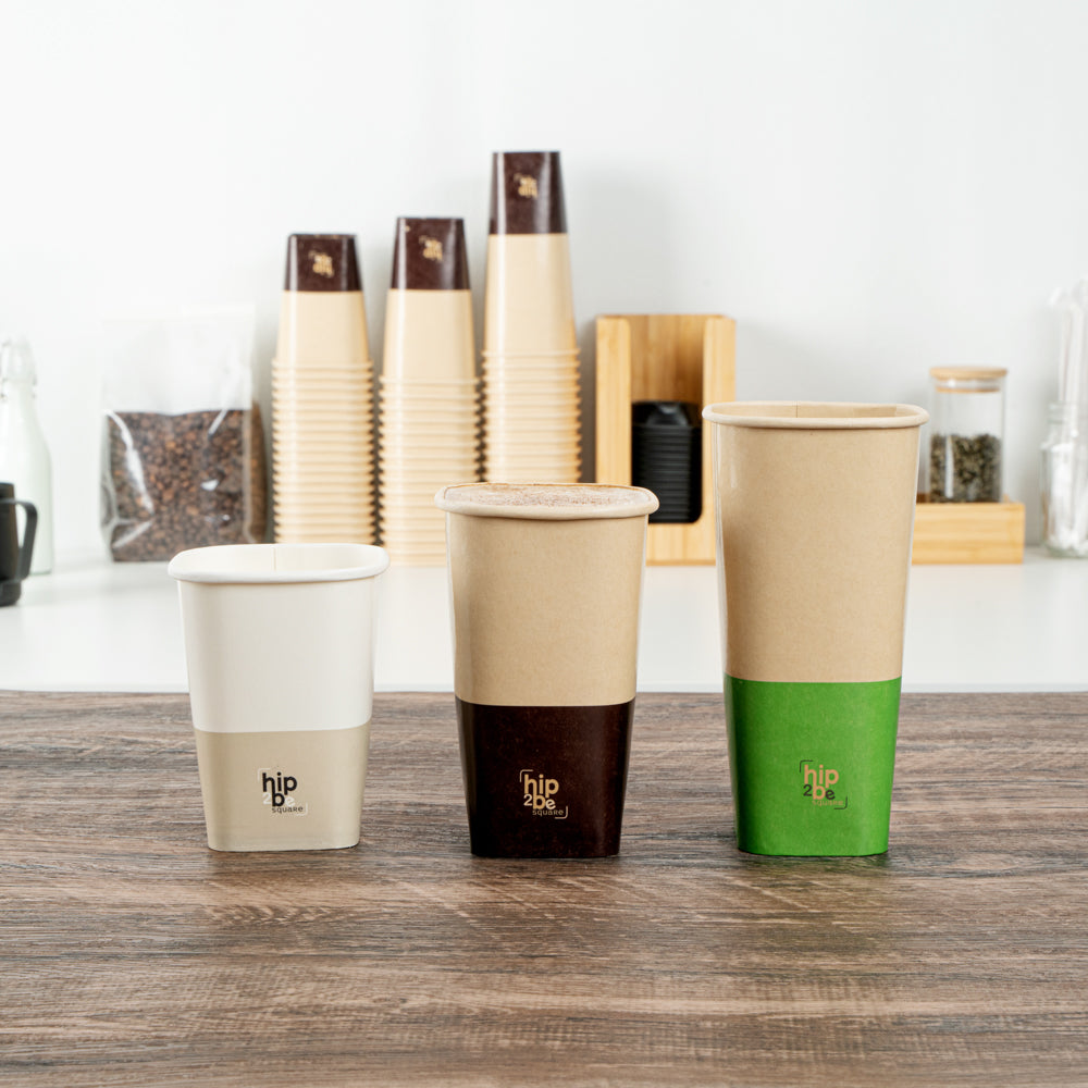 Hip 2 Be Square 16 oz Kraft and Brown Paper Hot / Cold Drinking Cup - Single Wall - 3 1/4" x 3 1/4" x 5 1/2" - 25 count box