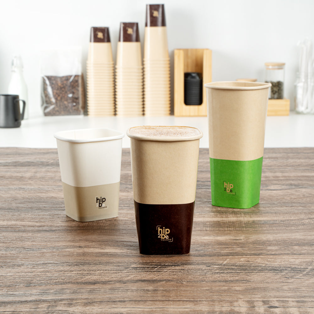 Hip 2 Be Square 16 oz Kraft and Brown Paper Hot / Cold Drinking Cup - Single Wall - 3 1/4" x 3 1/4" x 5 1/2" - 500 count box