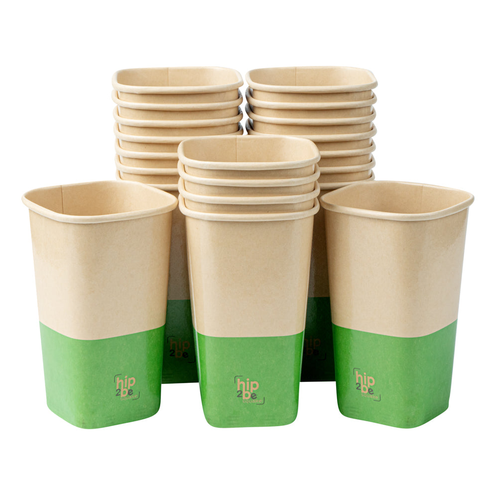 Hip 2 Be Square 16 oz Kraft and Green Paper Hot / Cold Drinking Cup - Single Wall - 3 1/4" x 3 1/4" x 5 1/2" - 25 count box