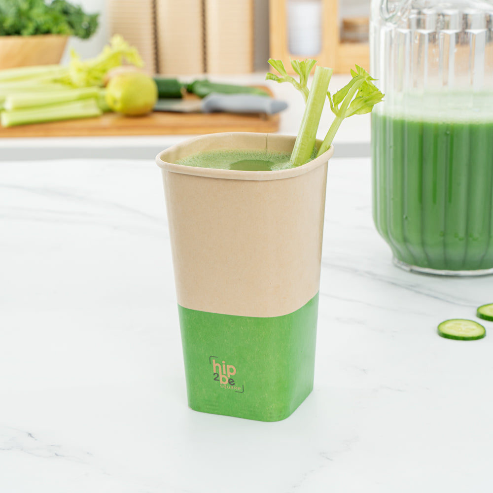 Hip 2 Be Square 16 oz Kraft and Green Paper Hot / Cold Drinking Cup - Single Wall - 3 1/4" x 3 1/4" x 5 1/2" - 25 count box