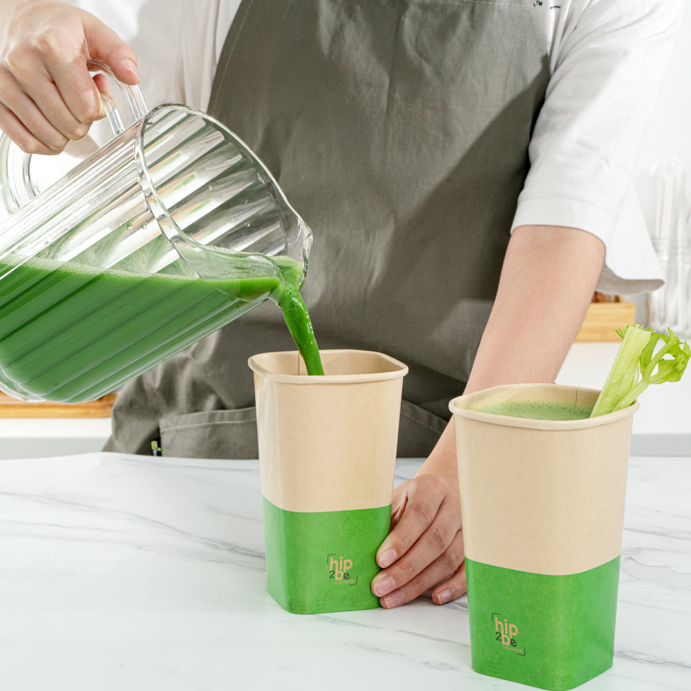 Hip 2 Be Square 16 oz Kraft and Green Paper Hot / Cold Drinking Cup - Single Wall - 3 1/4" x 3 1/4" x 5 1/2" - 25 count box