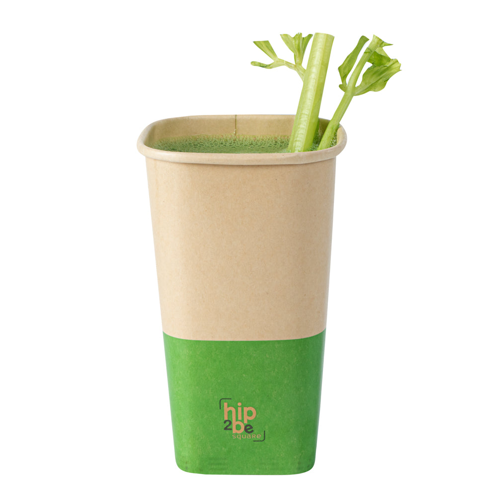 Hip 2 Be Square 16 oz Kraft and Green Paper Hot / Cold Drinking Cup - Single Wall - 3 1/4" x 3 1/4" x 5 1/2" - 500 count box