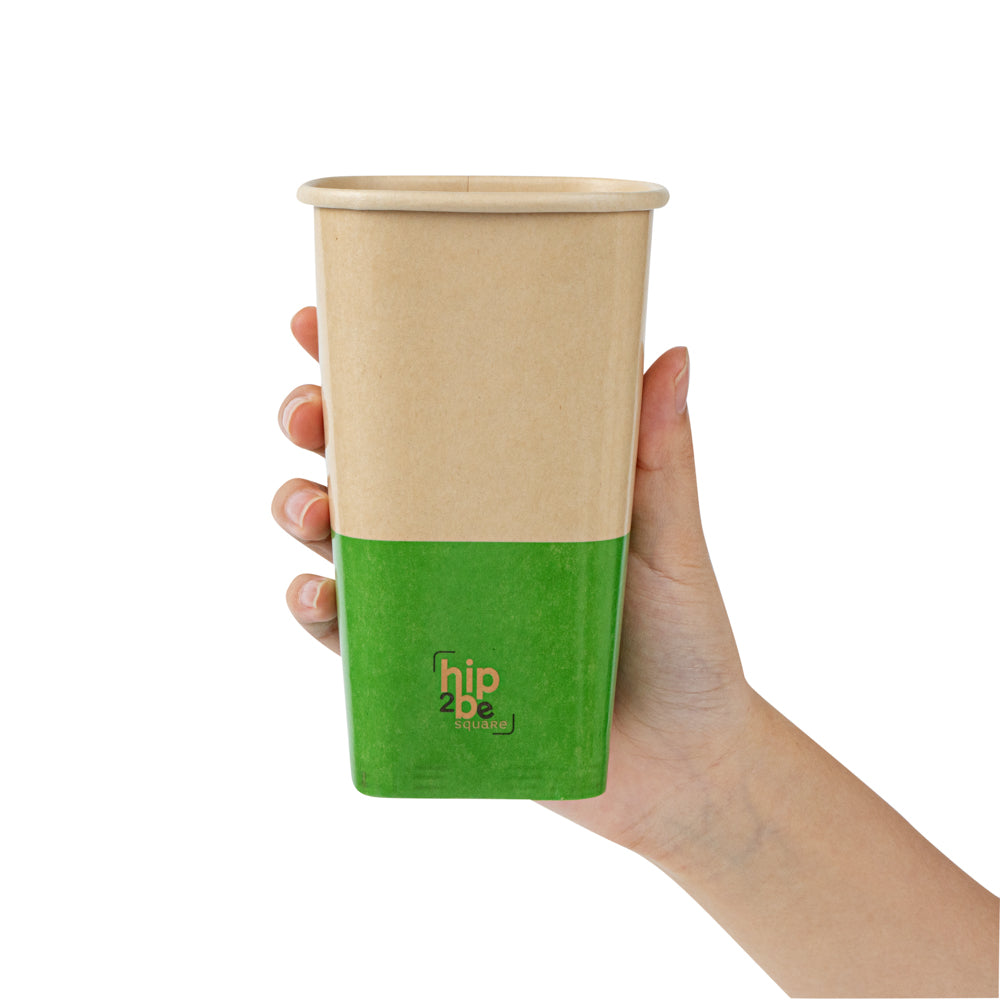 Hip 2 Be Square 16 oz Kraft and Green Paper Hot / Cold Drinking Cup - Single Wall - 3 1/4" x 3 1/4" x 5 1/2" - 500 count box