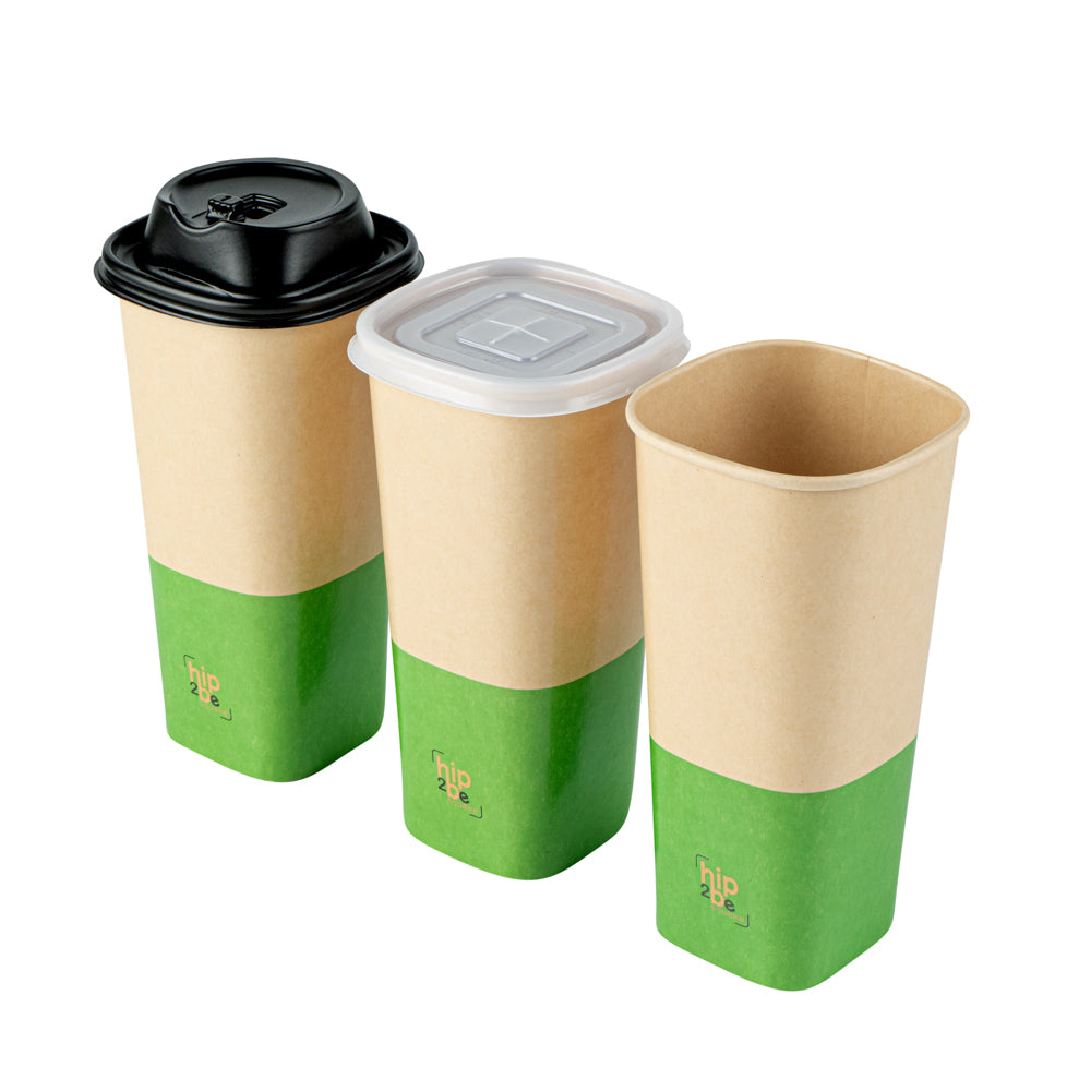 Hip 2 Be Square 16 oz Kraft and Green Paper Hot / Cold Drinking Cup - Single Wall - 3 1/4" x 3 1/4" x 5 1/2" - 500 count box