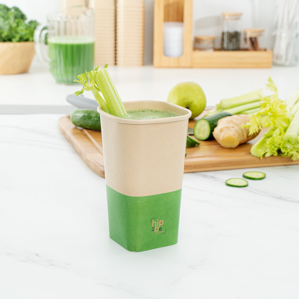 Hip 2 Be Square 16 oz Kraft and Green Paper Hot / Cold Drinking Cup - Single Wall - 3 1/4" x 3 1/4" x 5 1/2" - 500 count box