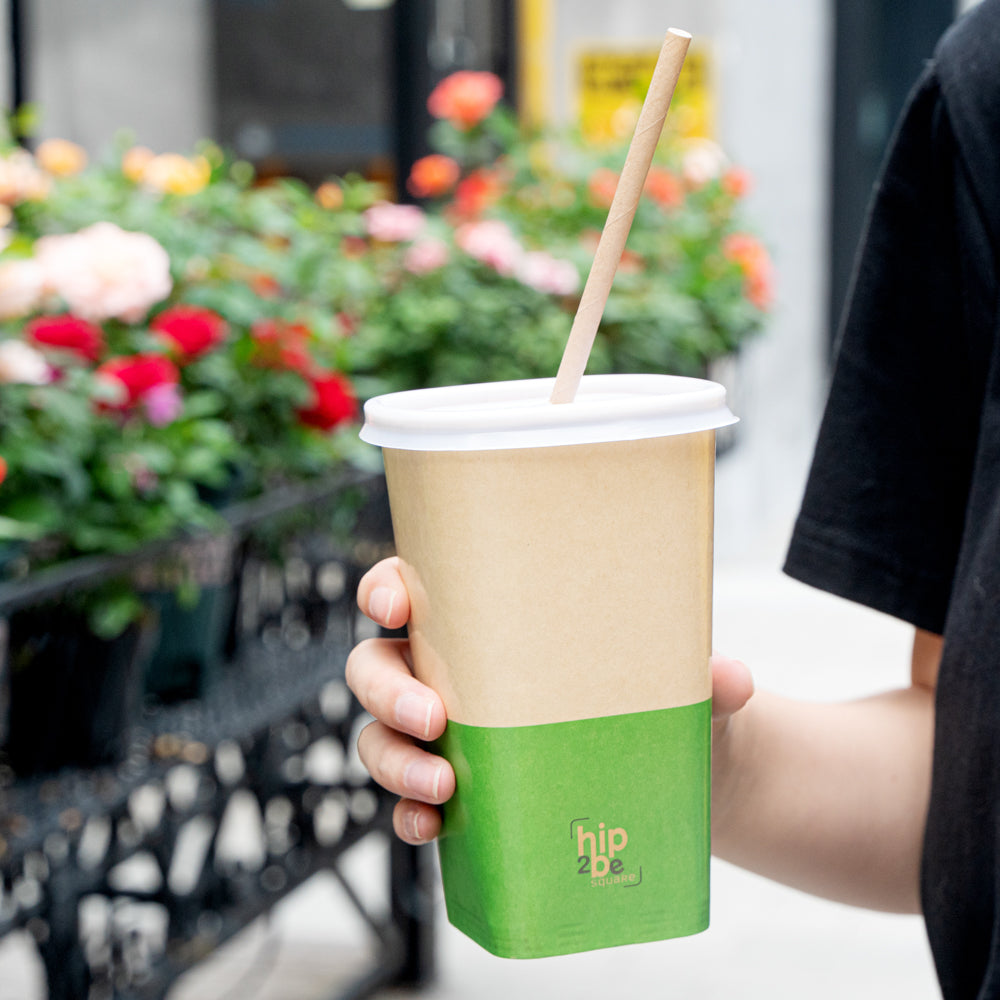 Hip 2 Be Square 16 oz Kraft and Green Paper Hot / Cold Drinking Cup - Single Wall - 3 1/4" x 3 1/4" x 5 1/2" - 500 count box